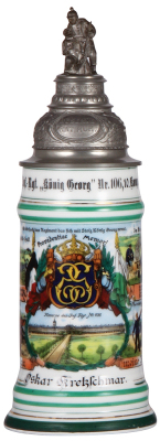 Regimental stein, .5L, 11.6'' ht., porcelain, 10. Komp., Inft. Regt. Nr. 106, Leipzig, 1909 - 1911, four side scenes, roster, Sachsen thumblift, named to: Oskar Kretzschmar, mint.