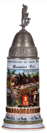 Regimental stein, .5L, 12.3'' ht., porcelain, 1. Batt. Feld Art. Regt. Nr. 49, Ulm, 1907 - 1909, four side scenes, roster, sparrow thumblift, named to: Kanonier Feil, mint.