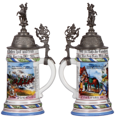 Regimental stein, .5L, 11.5'' ht., porcelain, 3. Esk., bayr. Ulan Regt. Nr. 1, Bamberg, 1901 - 1904, two side scenes, roster, lion thumblift, named to: Ulan Völlmer, slight pewter tear, otherwise mint. - 2