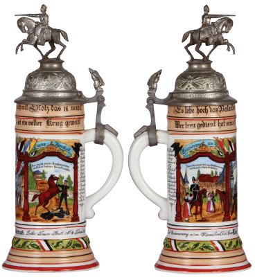 Regimental stein, .5L, 12.2'' ht., porcelain, 1. Comp., Train Batl. Nr. 16, Forbach, 1910 - 1912, two side scenes, roster, eagle thumblift, named to: Resv. Breddemann, good repairs of pewter tear & finial attachment, very faint lithophane lines. - 2