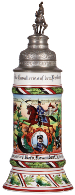 Regimental stein, .5L, 12.6'' ht., porcelain, 4. Esk., Husaren Regt. Nr. 8, Neuhaus, 1908 - 1911, four side scenes, roster, eagle thumblift, named to: Resv. Neuendorf, mint. - 3