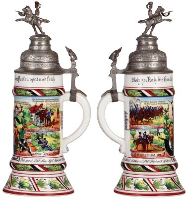 Regimental stein, .5L, 12.6'' ht., porcelain, 4. Esk., Husaren Regt. Nr. 8, Neuhaus, 1908 - 1911, four side scenes, roster, eagle thumblift, named to: Resv. Neuendorf, mint. - 4