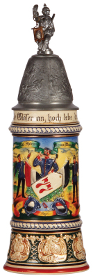 Regimental stein, .5L, 13.2'' ht., pottery, 10. Komp., Inft. Regt. Nr. 77, Celle, 1886 - 1889, two side scenes, eagle thumblift, named to: Res. Horn. Heinr. Kupper, mint.