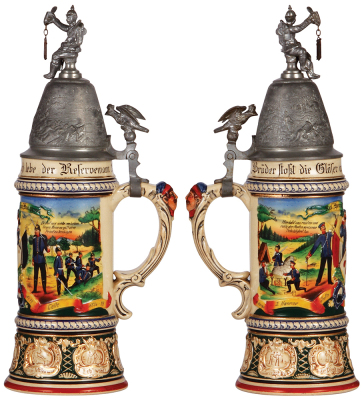 Regimental stein, .5L, 13.2'' ht., pottery, 10. Komp., Inft. Regt. Nr. 77, Celle, 1886 - 1889, two side scenes, eagle thumblift, named to: Res. Horn. Heinr. Kupper, mint. - 2