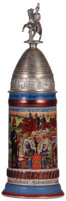 Regimental stein, .5L, 13.3'' ht., stoneware, Bayr. 7. Feld Artl. Regt. 4. f. Batt., MŸnchen, 1912 - 1914, four side scenes, roster, lion thumblift, named to: Fahrer Schneider, screw-off lid: prism with Grafenwšhr scene, mint.