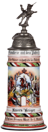 Regimental stein, .5L, 12.5'' ht., porcelain, 1. Esk., Kürass. Regt. Nr. 4, Münster, 1902 - 1905, two side scenes, roster, eagle thumblift, named to: Reserv. Kräger, mint.