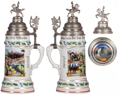 Regimental stein, .5L, 12.7" ht., porcelain, 2. Esk., 1. schw. Reit. Regt., München, 1911 - 1914, four side scenes, roster, lion thumblift, named to: Reiter Weindl, screw-off lid with prism underneath, good pewter tear and strap repairs, body mint. - 2