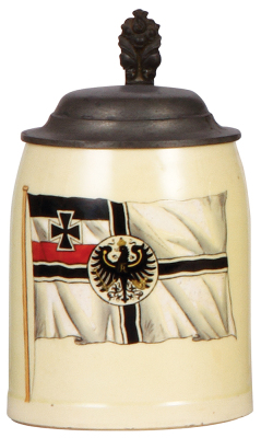 Military stein, .5L, pottery, transfer & hand-painted, Imperial flag, pewter lid, mint.