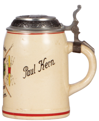 Third Reich stein, .5L, pottery, Luft-Nachr. Kompanie, Mannheim, owner's name, pewter lid with relief helmet with swastika, excellent pewter strap repair, body mint. - 2