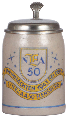 Third Reich stein, .5L, stoneware, marked Sahm, 1. N.E.U.A.A. 50, Flensburg, 1943, pewter lid, excellent pewter strap repair, body mint.