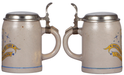 Third Reich stein, .5L, stoneware, marked Sahm, 1. N.E.U.A.A. 50, Flensburg, 1943, pewter lid, excellent pewter strap repair, body mint. - 2