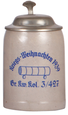 Third Reich stein, .5L, stoneware, Gr. Kw. Kol. 3/427., 1939, pewter lid, mint.