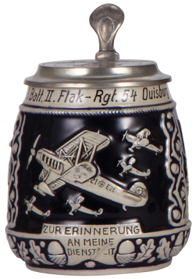 Third Reich stein, .5L, relief, airplane with swastika, 8. Batt. II. Flak Regt. 54, Duisburg, pewter lid with eagle and swastika.