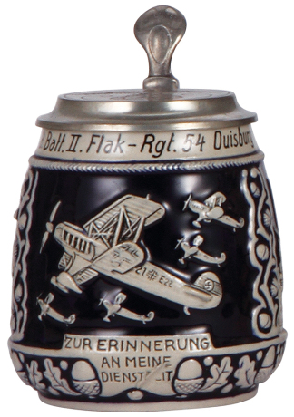 Third Reich stein, .5L, relief, airplane with swastika, 8. Batt. II. Flak Regt. 54, Duisburg, pewter lid with eagle and swastika.