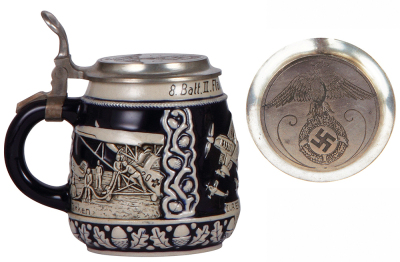 Third Reich stein, .5L, relief, airplane with swastika, 8. Batt. II. Flak Regt. 54, Duisburg, pewter lid with eagle and swastika. - 3