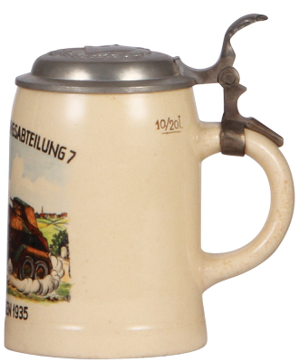 Third Reich stein, .5L, pottery, 1. Kompanie AufklŠrungsabteilung 7, 1935, pewter lid, with relief helmet with swastika, mint. - 2