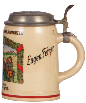 Third Reich stein, .5L, pottery, 17. [E.] Komp., Inft. Regt. 80, Montabaur, owner's name, pewter lid with relief helmet with swastika, mint. - 2
