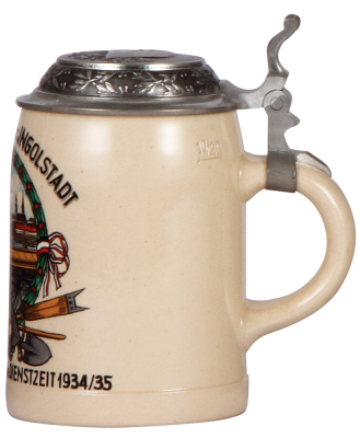 Third Reich stein, .5L, pottery, Pionier Batl. Ingolstadt, 1934 - 1935, owner's name on lid, pewter lid with relief helmet with swastika, mint. - 2