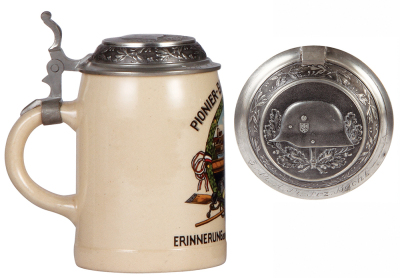 Third Reich stein, .5L, pottery, Pionier Batl. Ingolstadt, 1934 - 1935, owner's name on lid, pewter lid with relief helmet with swastika, mint. - 3