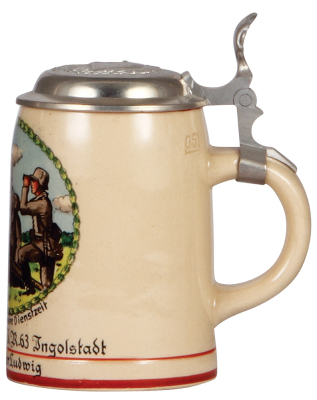 Third Reich stein, .5L, pottery, 16. E [Pz. Abw.]. I.R. 63, Ingolstadt, owner's name, pewter lid with relief helmet with swastika, mint. - 2