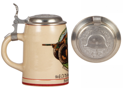 Third Reich stein, .5L, pottery, 16. E [Pz. Abw.]. I.R. 63, Ingolstadt, owner's name, pewter lid with relief helmet with swastika, mint. - 3