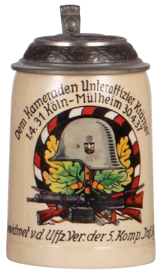 Third Reich stein, .5L, pottery, Uffz. ver. der 5. Komp. Inft. Regt. 77, 1.4.31 Kšln-MŸlheim 30.4.37, pewter lid with relief helmet with swastika, mint.