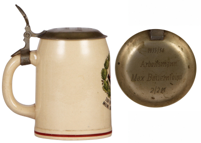 Third Reich stein, .5L, pottery, Labor Company, 1935 - 1936, 2./291, owner's name, metal lid, mint. - 3