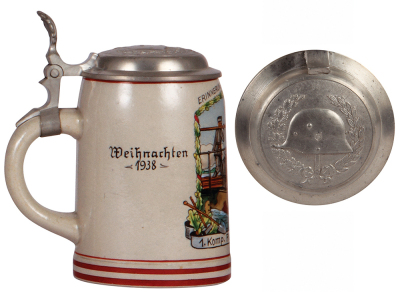 Third Reich stein, .5L, stoneware, 1. Komp., Pion. Batl. 7, Rosenheim, 1938, owner's name, pewter lid with relief helmet with swastika, mint. - 3