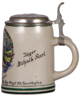 Third Reich stein, .5L, stoneware, 16. [E.M.G.] Kompanie, Geb. JŠgerÊRegt. 99, Sonthofen, owner's name, pewter lid with relief helmet with swastika, mint. - 2