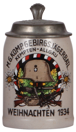 Third Reich stein, .5L, stoneware, M.G. Komp., Gebirgs JŠger Batl., Kempten AllgŠu, 1934, pewter lid with relief helmet with swastika, very good pewter strap repair, body mint.