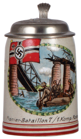 Third Reich stein, .5L, stoneware, Pionier Bataillon 7, 1. Komp., Rosenheim, owner's name, pewter lid with relief helmet with swastika, slight wear on side verse, otherwise mint.