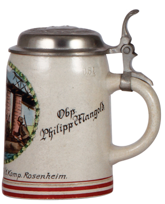 Third Reich stein, .5L, stoneware, Pionier Bataillon 7, 1. Komp., Rosenheim, owner's name, pewter lid with relief helmet with swastika, slight wear on side verse, otherwise mint. - 2