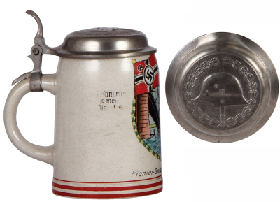 Third Reich stein, .5L, stoneware, Pionier Bataillon 7, 1. Komp., Rosenheim, owner's name, pewter lid with relief helmet with swastika, slight wear on side verse, otherwise mint. - 3