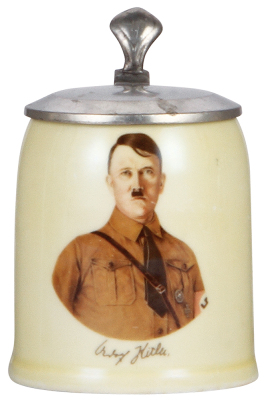 Porcelain stein, .5L, transfer, A. Hitler portrait, pewter lid, repaired pewter strap, otherwise mint.