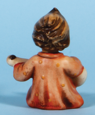 Hummel figurine, 3.9" ht., 53, TMK 1 & 1, Joyful, orange dress, blue shoes, excellent neck repair. - 2