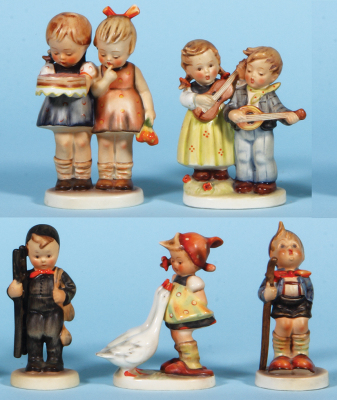 Five Hummel figurines, 5.2" ht., 176/0, TMK 2, Happy Birthday, mint; with, 4.5" ht., 150 2/0, TMK 2, Happy Days, mint; with, 4.3" ht., 12 2/0, TMK 2, Chimney Sweep, mint; with, 4.3" ht., 47 3/0, TMK 2, Goose Girl, mint; with, 4.5" ht., 16 2/0, TMK 2, Litt