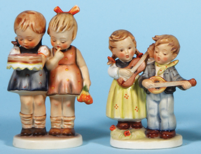 Five Hummel figurines, 5.2" ht., 176/0, TMK 2, Happy Birthday, mint; with, 4.5" ht., 150 2/0, TMK 2, Happy Days, mint; with, 4.3" ht., 12 2/0, TMK 2, Chimney Sweep, mint; with, 4.3" ht., 47 3/0, TMK 2, Goose Girl, mint; with, 4.5" ht., 16 2/0, TMK 2, Litt - 2