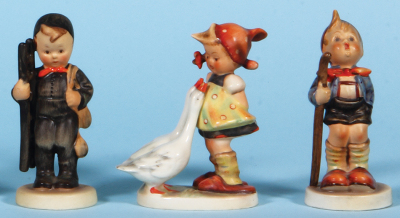 Five Hummel figurines, 5.2" ht., 176/0, TMK 2, Happy Birthday, mint; with, 4.5" ht., 150 2/0, TMK 2, Happy Days, mint; with, 4.3" ht., 12 2/0, TMK 2, Chimney Sweep, mint; with, 4.3" ht., 47 3/0, TMK 2, Goose Girl, mint; with, 4.5" ht., 16 2/0, TMK 2, Litt - 3