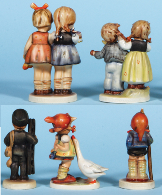 Five Hummel figurines, 5.2" ht., 176/0, TMK 2, Happy Birthday, mint; with, 4.5" ht., 150 2/0, TMK 2, Happy Days, mint; with, 4.3" ht., 12 2/0, TMK 2, Chimney Sweep, mint; with, 4.3" ht., 47 3/0, TMK 2, Goose Girl, mint; with, 4.5" ht., 16 2/0, TMK 2, Litt - 4