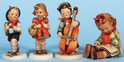 Four Hummel figurines, 4.9" ht., 82/0, TMK 1 & 1, School Boy, mint; with, 5.2" ht., 81, TMK 1 & 1, School Girl, mint; with, 5.3" ht., 186, TMK 1, Sweet Music, striped slippers, mint; with, 4.1" ht., TMK 1 Era, U.S. Zone Germany, Book Worm, mint.