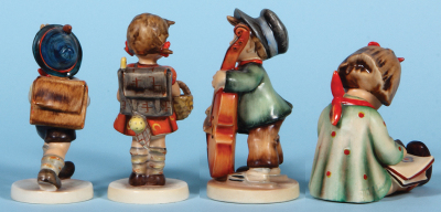 Four Hummel figurines, 4.9" ht., 82/0, TMK 1 & 1, School Boy, mint; with, 5.2" ht., 81, TMK 1 & 1, School Girl, mint; with, 5.3" ht., 186, TMK 1, Sweet Music, striped slippers, mint; with, 4.1" ht., TMK 1 Era, U.S. Zone Germany, Book Worm, mint. - 4