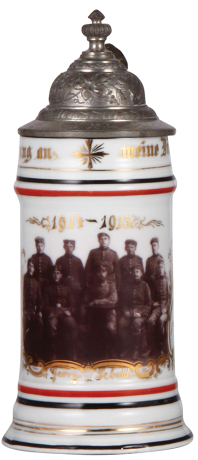Porcelain stein, .5L, transfer & hand-painted, photographic transfer, soldiers 1914 - 1915, George Sebald, lithophane, pewter lid is old replacement, body mint.