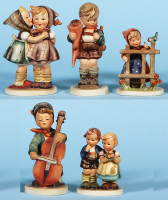 Five Hummel figurines, 5.4" ht., 196/0, TMK 2, Telling Her Secret, mint; with, 5.5" ht., 80, TMK 2, Little Scholar, mint; with, 4.1" ht., 203 2/0, TMK 2, Signs of Spring, Two Shoes, mint; with, 5.6" ht., 186, TMK 2, Sweet Music, chip on cap; with, 4.2" ht