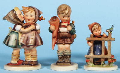Five Hummel figurines, 5.4" ht., 196/0, TMK 2, Telling Her Secret, mint; with, 5.5" ht., 80, TMK 2, Little Scholar, mint; with, 4.1" ht., 203 2/0, TMK 2, Signs of Spring, Two Shoes, mint; with, 5.6" ht., 186, TMK 2, Sweet Music, chip on cap; with, 4.2" ht - 2
