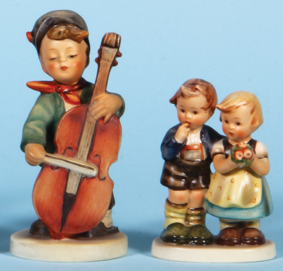 Five Hummel figurines, 5.4" ht., 196/0, TMK 2, Telling Her Secret, mint; with, 5.5" ht., 80, TMK 2, Little Scholar, mint; with, 4.1" ht., 203 2/0, TMK 2, Signs of Spring, Two Shoes, mint; with, 5.6" ht., 186, TMK 2, Sweet Music, chip on cap; with, 4.2" ht - 3