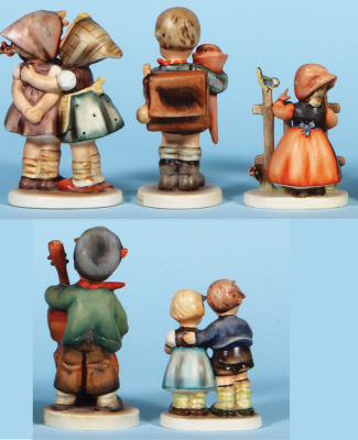 Five Hummel figurines, 5.4" ht., 196/0, TMK 2, Telling Her Secret, mint; with, 5.5" ht., 80, TMK 2, Little Scholar, mint; with, 4.1" ht., 203 2/0, TMK 2, Signs of Spring, Two Shoes, mint; with, 5.6" ht., 186, TMK 2, Sweet Music, chip on cap; with, 4.2" ht - 4