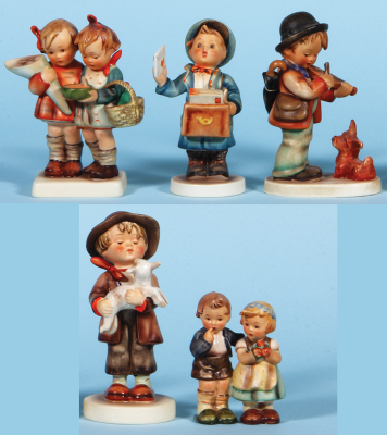 Five Hummel figurines, 5.2" ht., 52/0, TMK 2, Going to Grandma's, mint; with, 5.0" ht., 119, TMK 2, Postman, mint; with, 5.0" ht., 1, TMK 2, Puppy Love, mint; with, 6.0" ht., 68, TMK 2, Lost Sheep, large mold, mint; with, 3.9" ht., 214E, Nativity We Congr