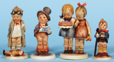 Four Hummel figurines, 5.2" ht., 127, TMK 1 Era + U.S. Zone, Doctor, base flake; with, 5.1" ht., 131, TMK 1+2, Street Singer, mint; with, 5.6" ht., 176, TMK 1 + U.S. Zone Germany, Happy Birthday, mint; with, 4.1" ht., 16 2/0, TMK 1, Little Hiker, mint.