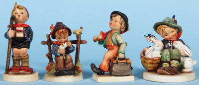 Four Hummel figurines, 5.8" ht., 16, TMK 1 & 1, Little Hiker, excellent repair to top of staff; with, 4.4" ht., 174, TMK 1, She Loves Me She Loves Me Not, mint; with, 5.1" ht., 11, TMK 1 & 1, Merry Wanderer, base flake; with, 4.9" ht., 58/1, TMK 1, Playma