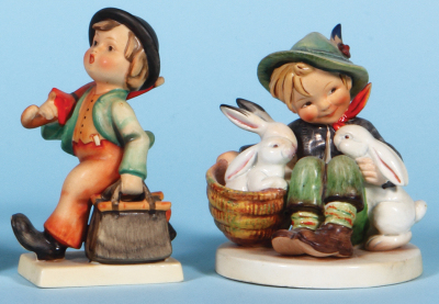 Four Hummel figurines, 5.8" ht., 16, TMK 1 & 1, Little Hiker, excellent repair to top of staff; with, 4.4" ht., 174, TMK 1, She Loves Me She Loves Me Not, mint; with, 5.1" ht., 11, TMK 1 & 1, Merry Wanderer, base flake; with, 4.9" ht., 58/1, TMK 1, Playma - 3